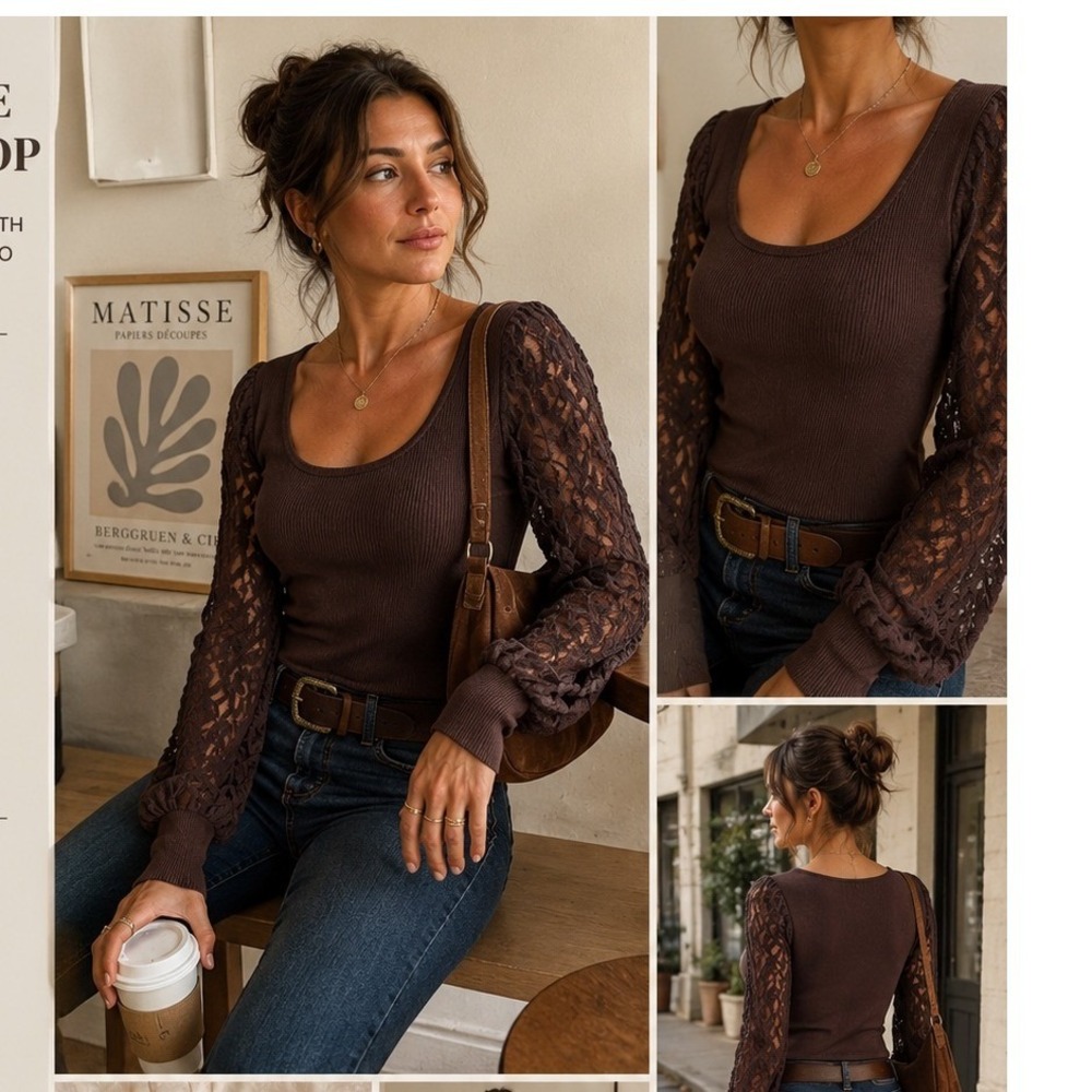 Y2K Boho Sheer Lace Sleeve Chocolate Brown‎ Top XL Ribbed Knit Earthy Victorian